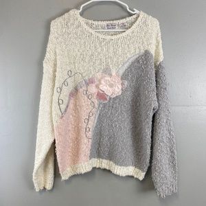 Palm Springs Yacht Club Sweater Women’s Large Floral White Gray Pink Appliqué